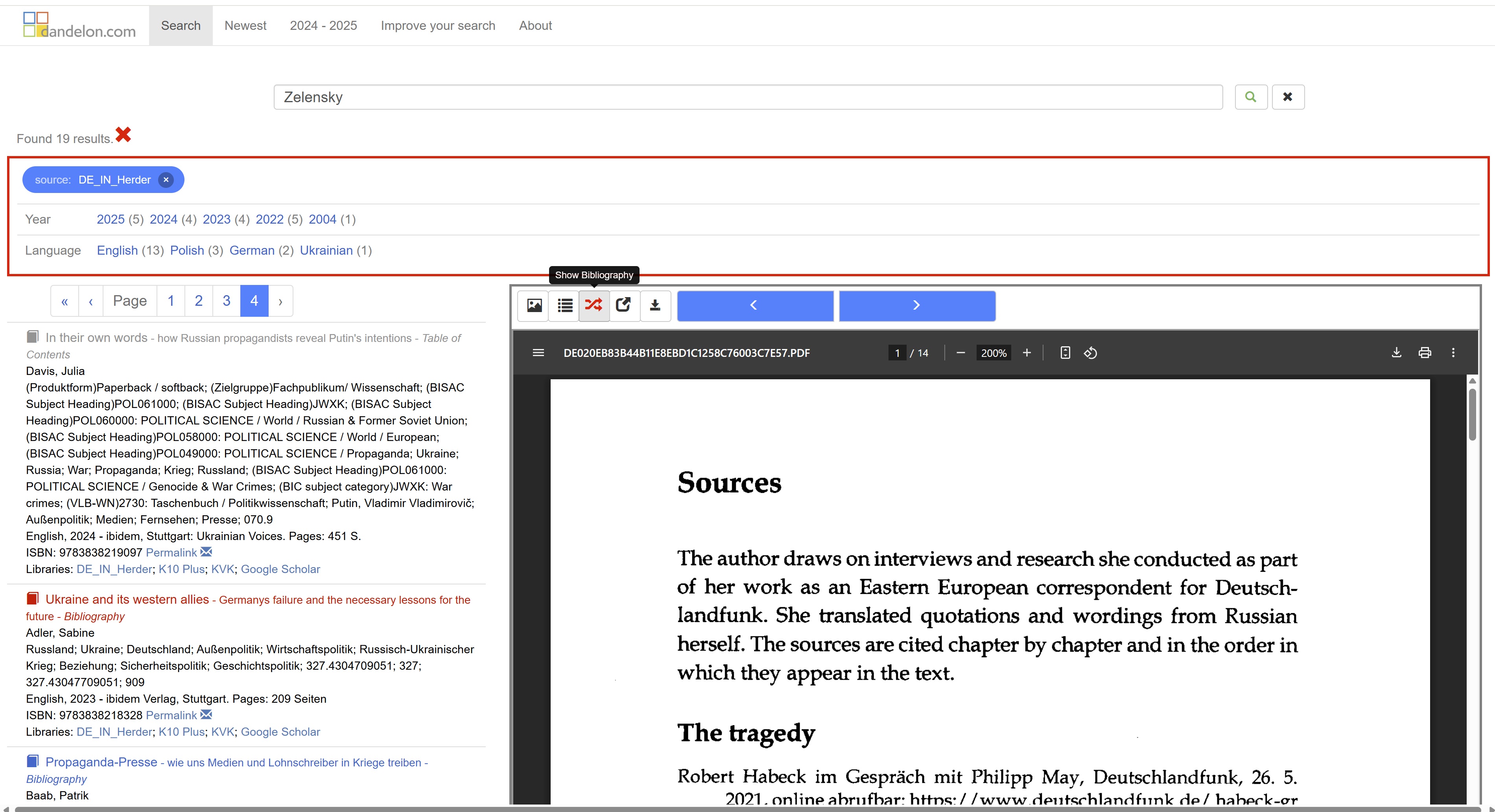 search example with hints to content page, facets and just added data