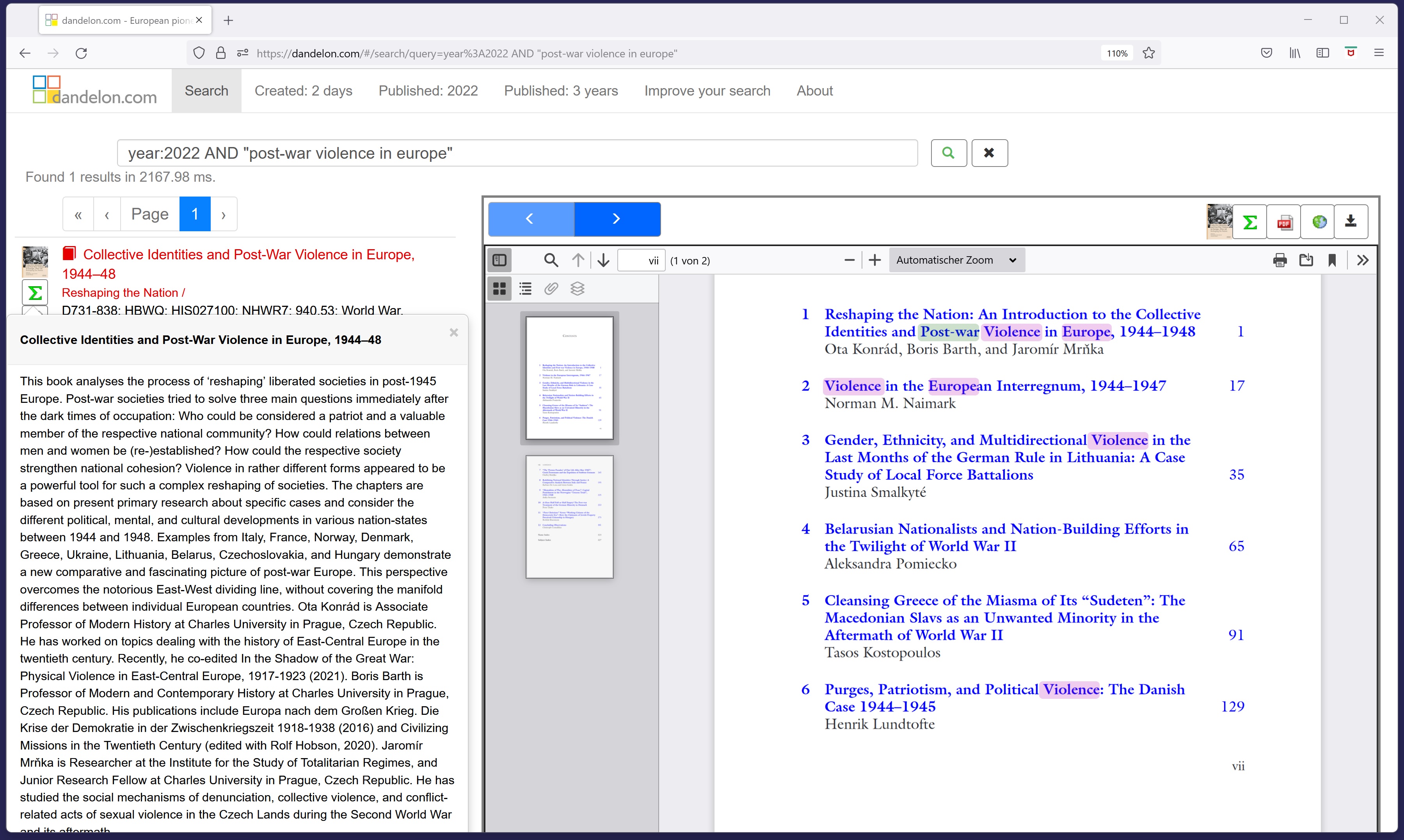 search result with display of an abstract and highlighting of search terms in the PDF