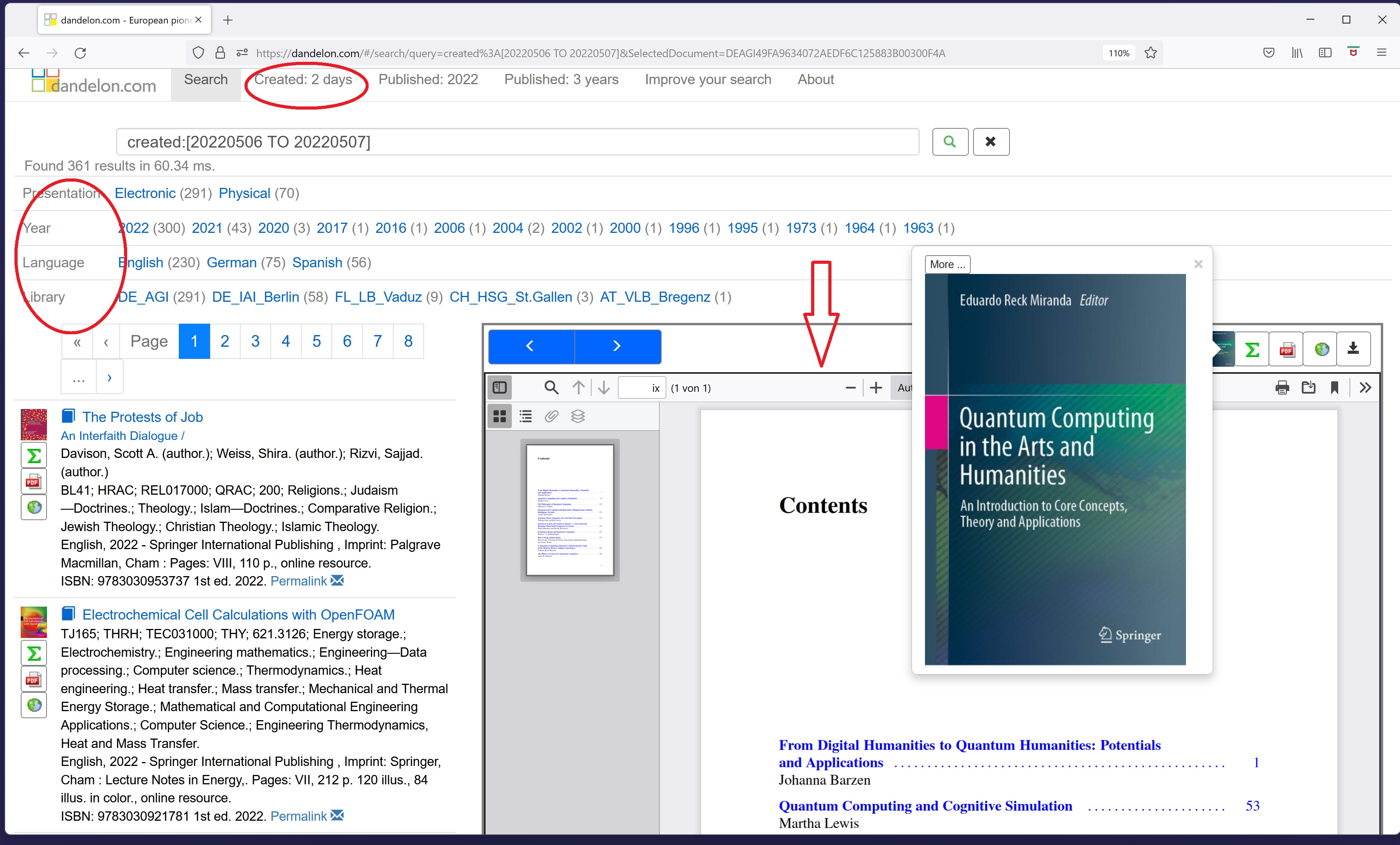 search example with hints to content page, facets and just added data