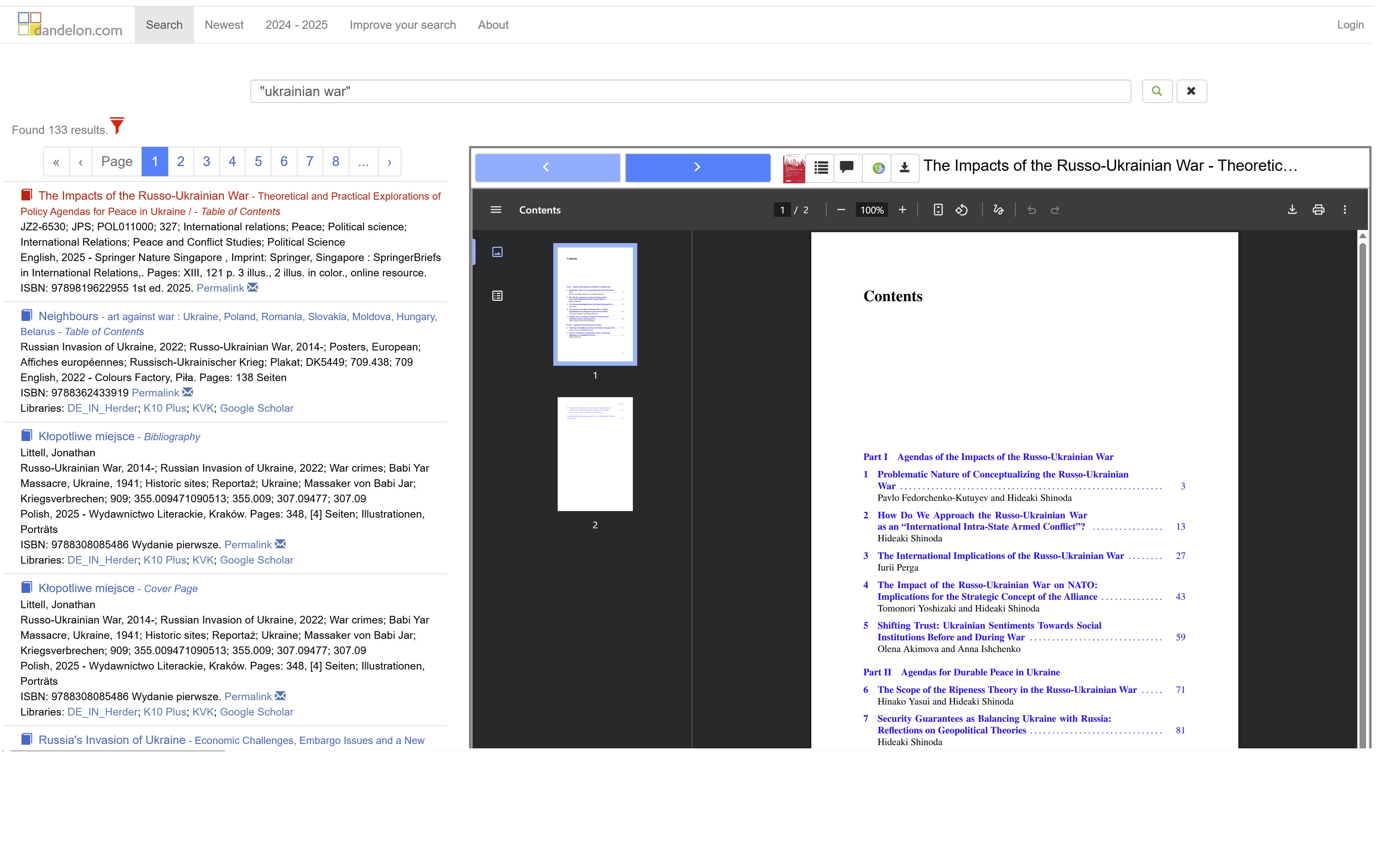 search example with hints to content page, facets and just added data